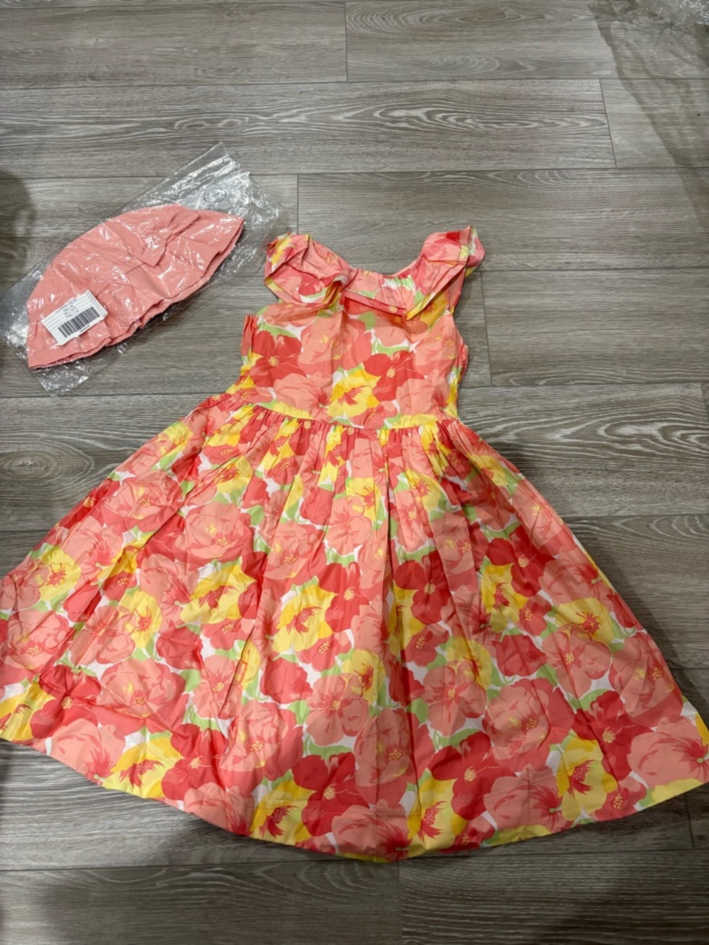 Janie & Jack Coral Cotton Dress with Floral Accents size 10 new plus hat